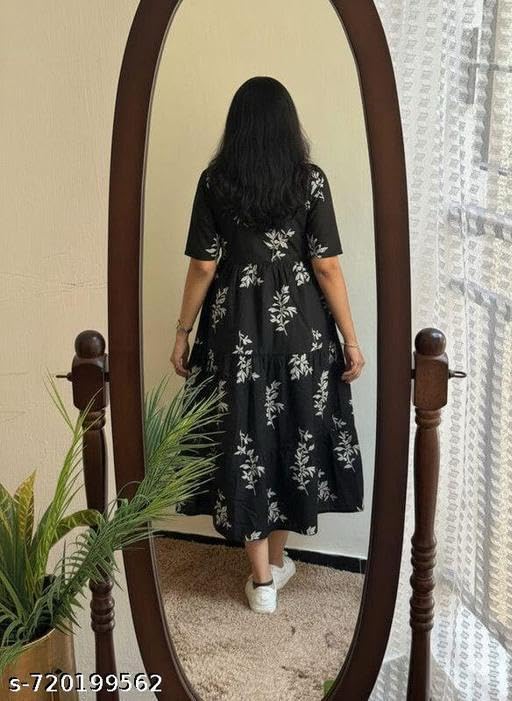 Image of Women's Cotton Floral Leaf Print Tiered Midi Dress - Square Neck, Short Sleeve A-Line Smock Dress for Casual Summer & Vacation Wear