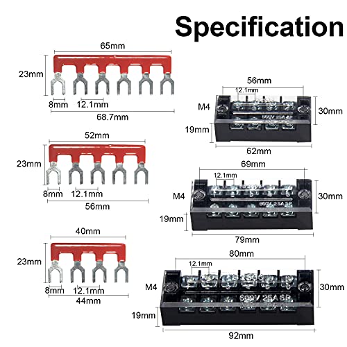 Image of Terminal Block and Strip - 6 Sets 4 /5 /6 Positions 600V 25A Dual Row Wire Screw Terminal Strip Block with Cover + 400V 25A Pre-Insulated Terminals Barrier Strips Jumpers (Black & Red)
