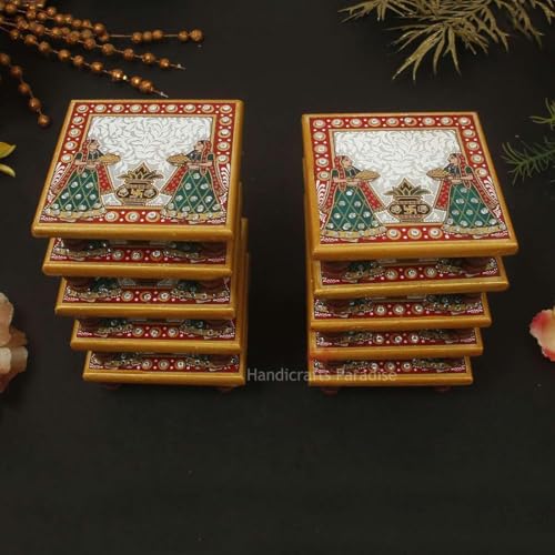 Image of Handicrafts Paradise (4 x 4 inch, Set of 10 Pc) Marble Pooja Chowki with Kalash (Multicolour) Home Mandir, Idols Statues Pratima, Home Decor Showpiece for Bulk Return Gifts