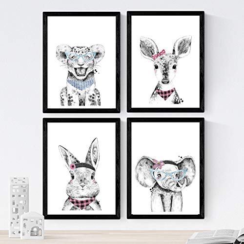 Nacnic Set of 4 sheets of Animals Children's glasses and flowers in A4 size, Poster paper 250 gr Frameless