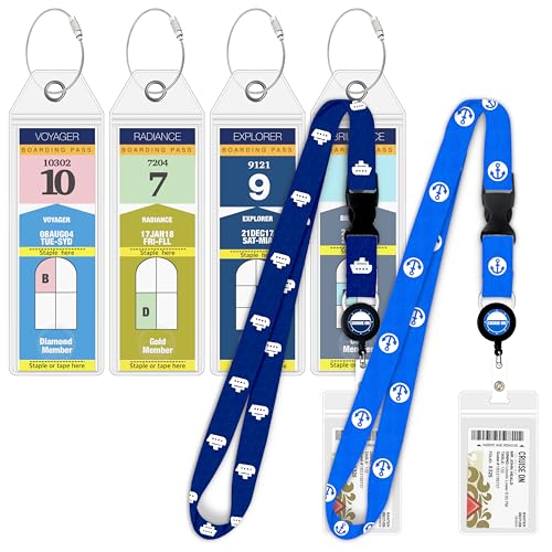 Cruise On Royal Caribbean Luggage Tag Holders (4 Pack) & Lanyards (2 Pack) Large Clear Waterproof Cruise Essentials 2026-2027 Secure Ship Tags & Cards (Royal & Navy Blue)