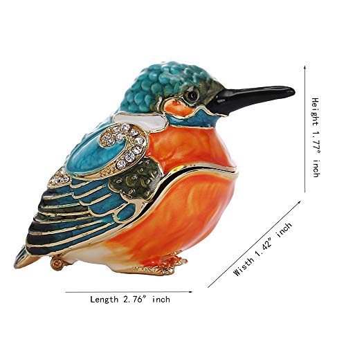 The Three Fish Kingfisher Crystal Studded Pewter Jewelry Trinket Box,Diamond Kingfisher Hinged Trinket Box Hand-Painted Animal Figurine Collectible #TOP4
