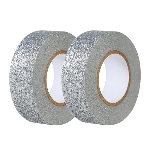 Qyueyue Sliver Glitter Washi Tape 2 Rolls Sparkle Decorative Tape for DIY Crafts Scrapbooking Journaling Sticky Colored Masking Tape for Art Wall Decor Gift Wrapping (0.6in x 11Yard)