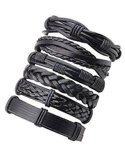 Image of Young & Forever Multi-Pack Men's Leather Bracelet Set - Braided Rope, Vintage Bead, Gothic Punk Skull, & Boho Wrapped Multi-Layer Cuff Wristbands, Adjustable Jewelry Pack