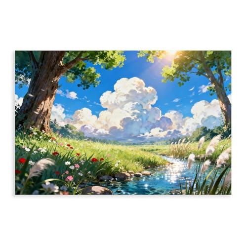 Japanese Anime Nature Canvas Wall Art - Sunny Forest Stream Wildflower Field,for Living Room Bedroom Office Decor Decoration Unframe-style24x36inch(60x90cm)