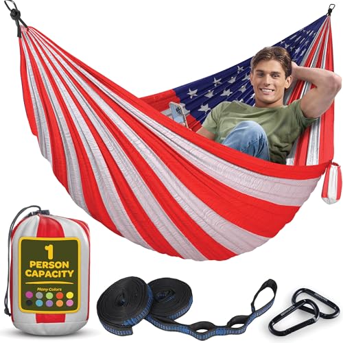 Image of Durable Hammock 400 lb Capacity, Nylon Camping Hammock Chair - Double or Single Sizes w /Tree Straps and Attached Carry Bag - Portable for Travel /Backpacking /Beach /Backyard (Medium, American Flag)