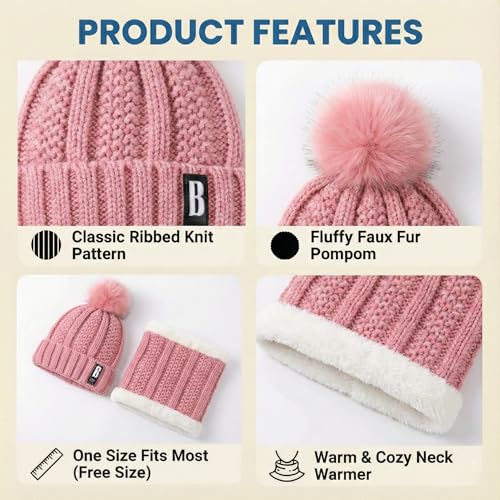 Image of Kraptick Women's Winter Beanie Cap and Scarf Set with Soft Fleece Lining, Thick Cable Knit Woolen Cap for Ladies & Neck Warmer for Extreme Cold Stylish Pom Pom Hat & Scarf Set -7