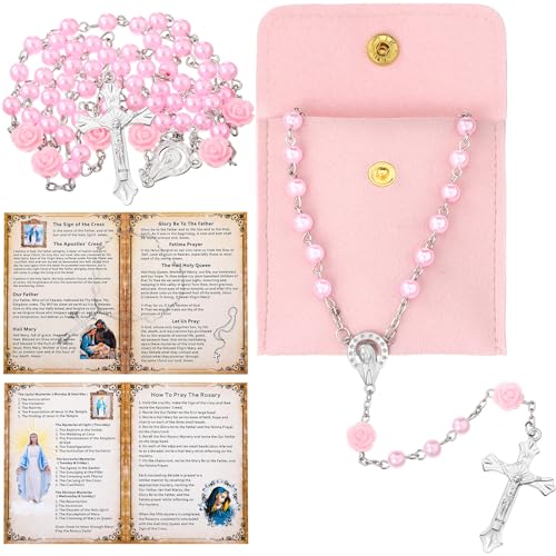 Quelay Rosary for Women Catholic Gifts Our Lady of Rosary Beads Pray Card Necklace Confirmation Gifts(Pink Rose)