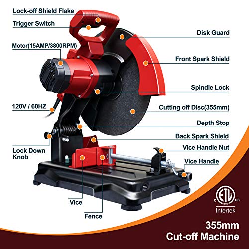 Toolman Chop Saw, 15-Amp, 14-inch, 3800 RPM, Cutoff Disc Included, J1G-KE17-355A