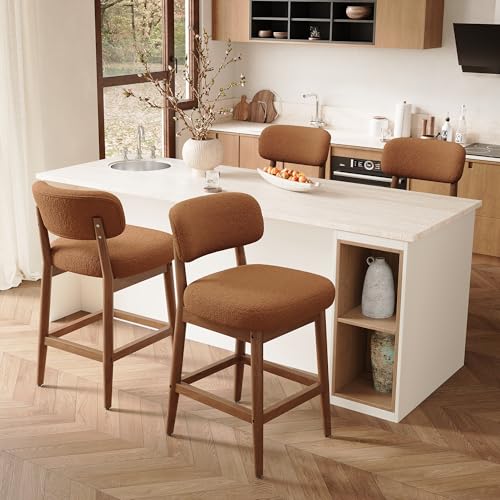 Image of Counter Height Bar Stools Set of 4, Mid-Century Modern Boucle Bar Chairs with Solid Wood Frame, Fluffy Upholstered Stools with Backrest for Kitchen Island, Home Bar, Caramel Brown