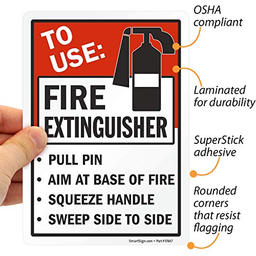 SmartSign (Pack of 4) 7 x 5 inch “to Use Fire Extinguisher - Pull Pin, Aim at Base of Fire, Squeeze Handle” Labels, 5 mil Laminated Polyester with SuperStick Adhesive, Red, Black and White