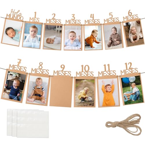 GEBETTER Guirnalda Español Fotos 12 Meses Bebé Decoración Cumpleaños 1 Año, 13Pcs Tarjetas Cuerda Yute Pegamento Aguja Plástico, Pancarta Fiesta Cumple Mes Regalo Recuerdo Recién Nacidos (Papel Kraft)