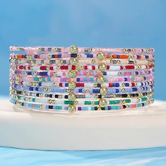 Gold Bracelets for Women Boho Stretch Stackable 14K Gold Plated Colorful Small Seed Bead Ball Bracelet Stack Dainty Trendy Jewelry Accessories Set Vacation Party Daily Friendship Gift - Image 5