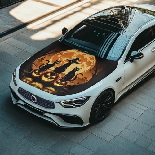 Image of Moon Cat Pumpkins Hood Wraps for Cars Hood Wrap Protector Washable Car Hook Elastic Fabrics Can be Washed Hook Wraps