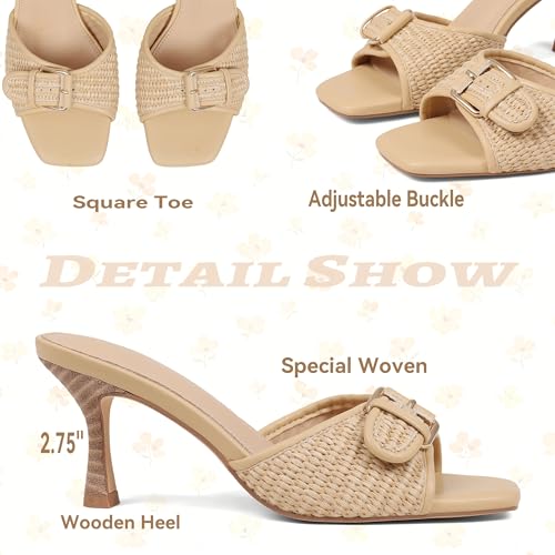 Image of Goiphrri Kitten Heels for Women Summer Heeled Sandals | Slip On Mule Heels with Adjustable Buckle Strap Wide Feet Open Toe Heels for Women Daily Vacation Fashion Dressy