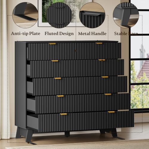 Image of BORNOON 46 inch Tall Dresser for Bedroom, 10-Drawer Fluted Chest of Drawers, Modern Wood Highboy with Metal Slides and Handles, Anti-Tip Kit, Vertical Clothes Storage Organizer for Apartment, Closet