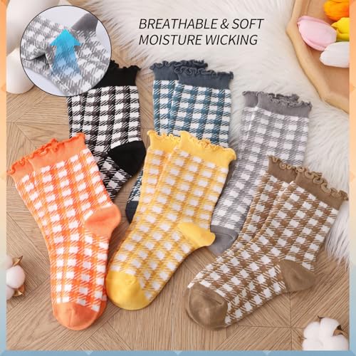 Image of 6 Pairs Women Ruffle Striped Frilly Socks, Cute Checkered Ankle Sock for Women Cotton Knit Casual Crew Socks