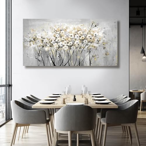 Image of VAYIMDH Gold Pictures Wall Decor Living Room Wall Hanging White and Grey Vintage Posters Floral Photo Prints for Bedroom Dining Room 24x48 Inch