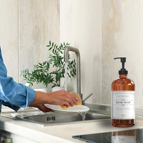 Image of Sunrise Premium, 16 OZ Thick Amber Glass Soap Dispenser with Pump 2 Pack, Hand and Dish Soap Dispenser Set for Bathroom with 6 Waterproof Labels