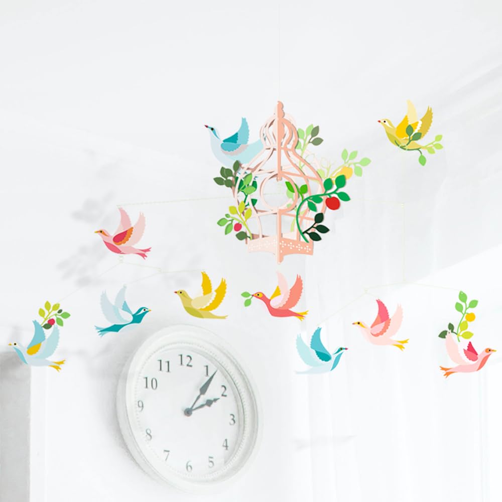DJECO, Mobile bébé, La Cage aux oiseaux, 80 x 48 cm | Décoration de Berceau, Cadeau Naissance, Favorise l'Éveil, Facile à Suspendre, Fixation Adhésive, Papier et Métal