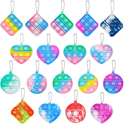 EVERMARKET 18 Pack Mini Pop Bubble Fidget Sensory Toy Keychains, Mini Square Round Heart Bubble Popper Stress Relief Simple Silicone Squeeze Relax Toys, Rainbow Push Pop Bubbles Fidget Hand Toy
