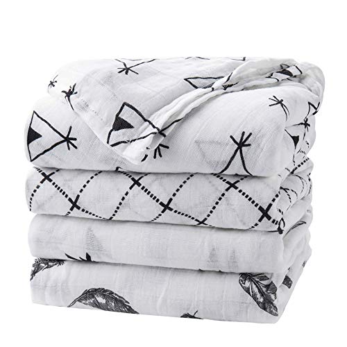 Image of upsimples Baby Swaddle Blanket Unisex Swaddle Wrap Soft Silky Bamboo Muslin Swaddle Blankets Neutral Receiving Blanket for Boys and Girls, Large 47 x 47 inches, Set of 4-Arrow/Feather/Tent/Crisscross