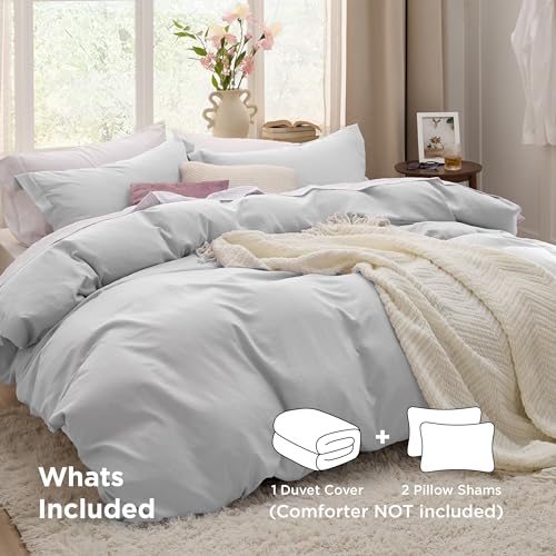 Image of Bedsure Light Grey Duvet Cover King Size - 3 Pieces Prewashed Cotton-Like Polyester Extra Soft Bedding Set, Includes 1 Duvet Cover 104x90 Inches with Zipper Closure & 2 Pillow Shams, No Comforter