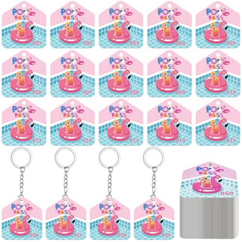 100 Pcs Pool Pass Tags with Consecutive Numbers 0001-0100, 1.8 x 1.7 Inch Pool Keychain with Ring for Guests Members, Waterproof