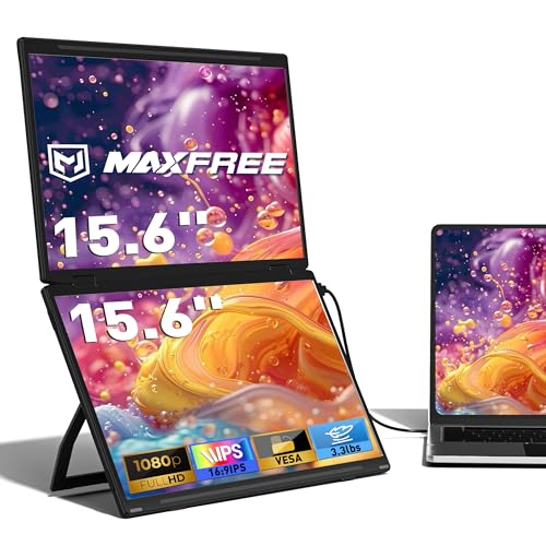 Maxfree Laptop Screen Extender 15.6 FHD 1080P Dual Portable Monitor with USB C HDMI Plug & Play VESA Mountable Lightweight Dual Monitor for Laptop Windows Mac(M1/M2/M3 chip) Android Ps4 Switch