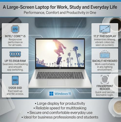 Image of HP 17.3 inch Business Laptop, 20GB RAM 512GB SSD, FHD Anti-Glare Display, Intel 10-Core i5-1334U (Up to 4.6GHz), Backlit Keyboard, Fingerprint Reader, Win 11 Pro, Copilot AI for Office Work & Study