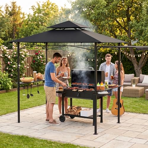 YRHome Grillpavillon mit Doppeldach & Seitenvordach 245x141cm Metallrahmen Gartenpavillon BBQ Pavillon Wetterfest Seitenregalen & Haken für Garten Hinterhof &Partyschwer Schwarz
