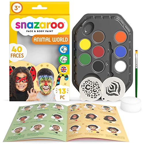 Snazaroo - Kit de pintura facial mundo animal para crianças e adultos, 8 cores, 2 modelos, 1 pincel, 1 esponja, 1 guia passo a passo, base de água, maquilhagem para pintar caras