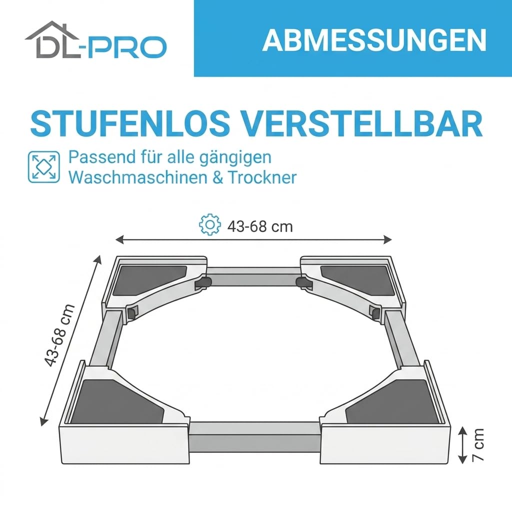 DL-PRO Universal Zwischenbaurahmen 43–68 cm Set | Verbindungsrahmen für Waschmaschine Trockner stapeln mit Ratschenseil | kompatibel mit Bosch Siemens Miele AEG Samsung LG Bauknecht