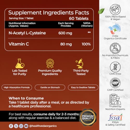 Image of Health Veda Organics N-Acetyl L-Cysteine (NAC) 600 mg | 60 Veg Tablets (Pack of 2) | Lung, Respiratory Support & Antioxidant Supplement