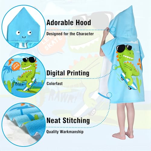 Image of Hooded Kids Beach Towels - Toddler Bath Towel Girls Boys Swim Cover-ups for Ages 1 to 6 Kids Pool Towels Quick Dry Lightweight Soft Microfiber Poncho Towel 24x23(Skating Dino)