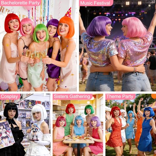 Image of MEEZY 2 Pcs Colorful Bob Wigs with Bangs Pink Sky Blue for Women, Neon Funny Wig Short Bob Hair with Heart Sunglasses Hair Cap for Halloween Costume Cosplay Birthday Bachelorette Party Carnival