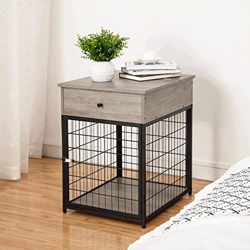 Amyove Furniture Style Dog Crate End Table With Drawer, Wood Pet Kennels Side Table Bed Nightstand, Indoor Use Chew-Proof Dog House For Small Dogs, Grey #TOP5