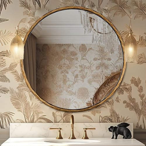 Image of ANDY STAR 24 Inch Hand-Forged Round Gold Mirrors, Solid Steel Frame Antique Brass Bathroom Round Wall Mirror for Over Sink, Vanity Hammered Circle Mirror for Vintage, Farmhouse, Rustic