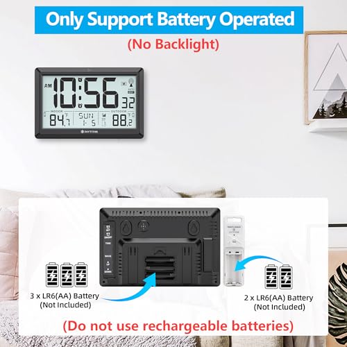 Atomic Clock Wall with Indoor/Outdoor Temp & 10.5" Large LCD Display, Black - Image 5