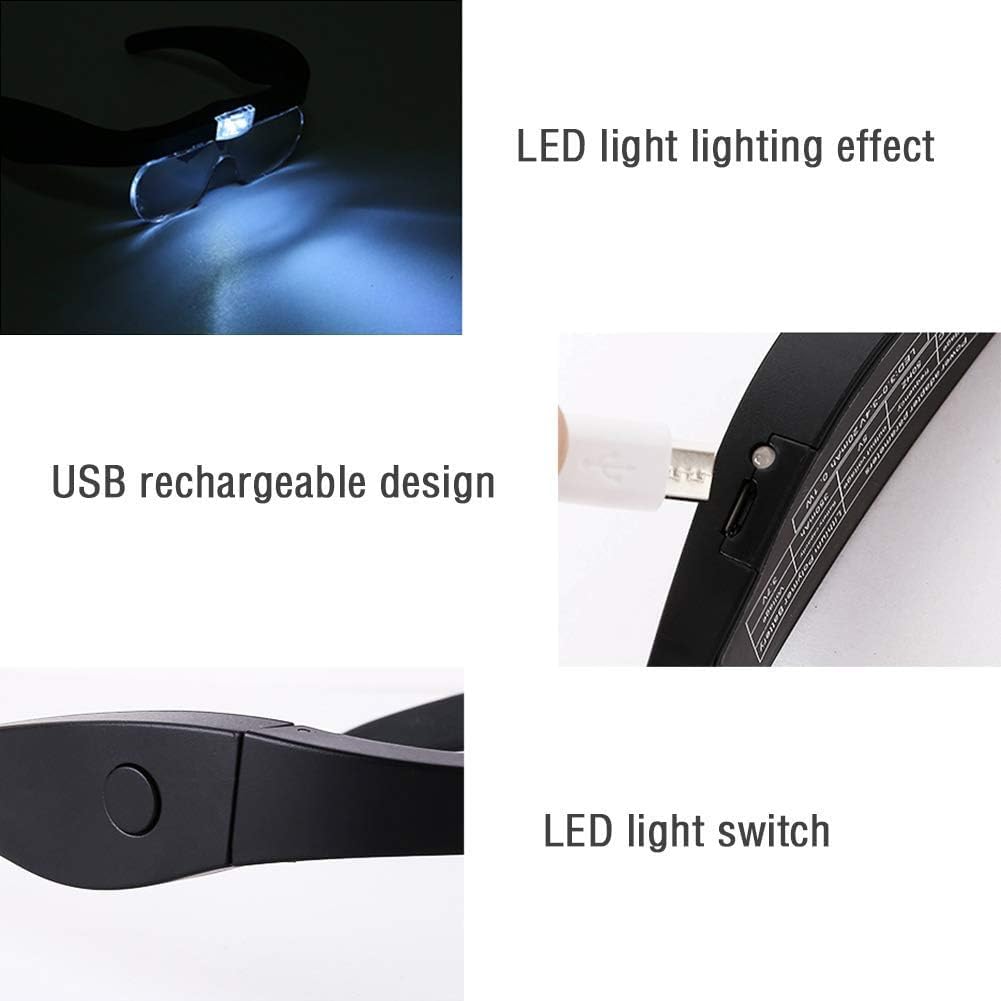 Lupa Montada En La Cabeza con 2 Luces Led, 4 Lentes Desmontables De 1.5X A 5X, Lupa De Diadema Manos Libres para Lectura, Lupa para Joyería, Reparación De Relojes Y Electrónica, Pasatiempos Y