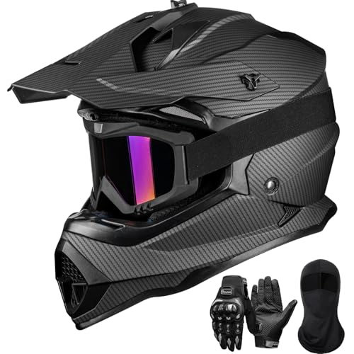 ILM Adult Dirt Bike Helmets Men Women Motocross ATV Off Road Helmet with Goggles Gloves Mask DOT Model WS901 (Carbon Fibre, L)