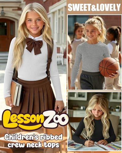 Image of 4 Pack Girls Long Sleeve Shirts Ribbed Knit Cotton Crewneck Tops Slim Fit Soft Casual Kids Base Layer Undershirts