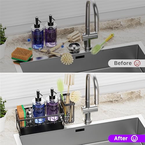 Image of MASADI Kitchen Sink Caddy with Dish Soap Dispenser Set, 12OZ Glass Bottle, Hand and Dish Soap Dispenser Set, Non-Slip Silicone Pad, Brush Holder, Kitchen Sink Organizer Countertop (Black+Clear)