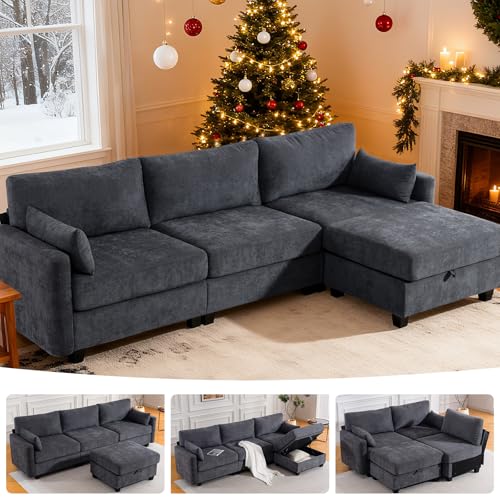 109'' Modular Sectional Sofa, L Shaped Couch with Storage Ottoman, Comfy Cloud Sofa with Deep Seat, 4 Seat Convertible Sectional Couches for Living Room (Gray, High Legs 3.15'')