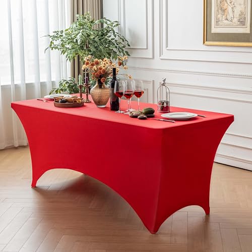 Image of FOLINS&HOME Red 6ft Fitted Water Resistant Tablecloth with Spandex | Washable Elastic Rectangle Table Cover for 6 Foot Folding Tables, Stretch Table Cloth for Weddings, Banquets, Parties
