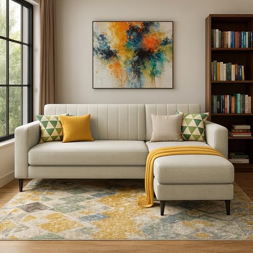 Image of Casaliving Moris RHS 4 Seater L Shape Sofa Set for Living Room (Cream) Premium Fabric Sofa Set for Living Room | Hall