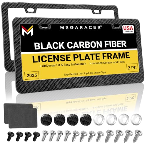 Premium Carbon Fiber Design License Plate Frames – 2 Pack, Rust-Free Stainless Steel, Rattle-Free, Universal with Screw Covers, Slim-Top & Wide-Bottom, Thin Rigid Metal Car Tag Holders, Front & Rear