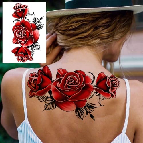 Image of 4 Sheets Large 3D Rose Temporary Tattoos For Women Hips Buttock Thigh Adults Body Art Back Tattoo Sticker, Long Lasting Realistic Waterproof Watercolor Butterfly Flowers Fake Rose Tattoos Shoulder