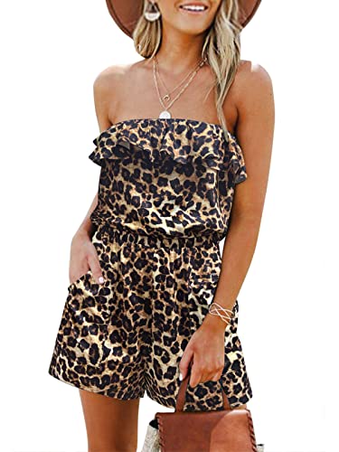 Leani Women’s Summer Off Shoulder Ruffle Rompers Strapless Elastic Waist Short Jumpsuit Leopard Xl #TOP6