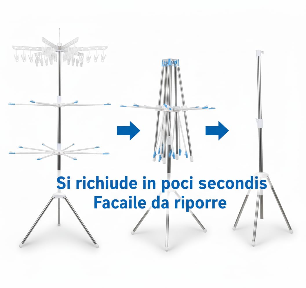 Generico Stendibiancheria Verticale Salvaspazio 170 cm – Stendino a Torre con Bracci Rotanti 360°, Pieghevole, per Interni ed Esterni, Base Stabile a Treppiede